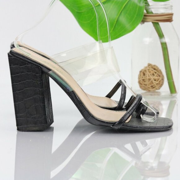 Nasty Gal Womens Sandal Size 6 Black Clear Strappy Mule Square Toe Block Heel - Picture 8 of 12